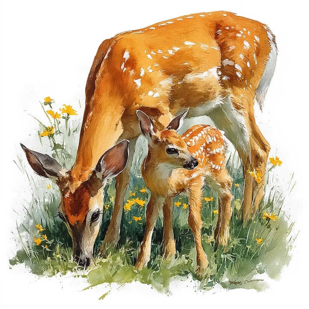 A watercolor painting depicts a white-tailed deer doe and her fawn grazing in a field of yellow wildflowers.  The doe is light brown with white spots, her fawn similarly marked but smaller.  Both animals are positioned in profile, their heads lowered to the grass, creating a serene and intimate scene.  The artist’s signature is subtly placed in the bottom right corner.