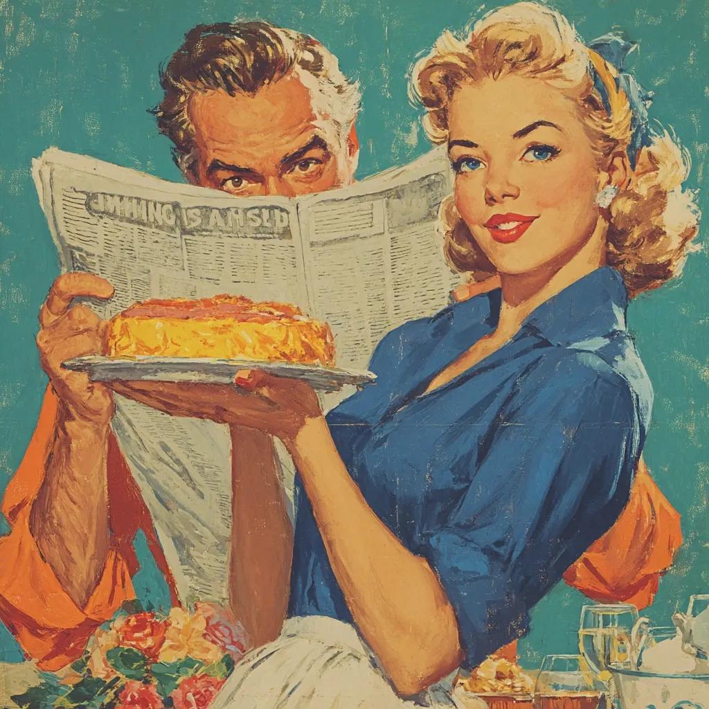 A mid-century modern painting depicts a woman in a blue shirt presenting a cake while a man reads a newspaper behind her. The woman's blonde hair is styled in a fashionable updo, and she smiles subtly.  The man's expression is partially obscured by the newspaper, suggesting a relaxed domestic scene, possibly advertising a food product or a lifestyle aspiration. The teal background enhances the vintage aesthetic.