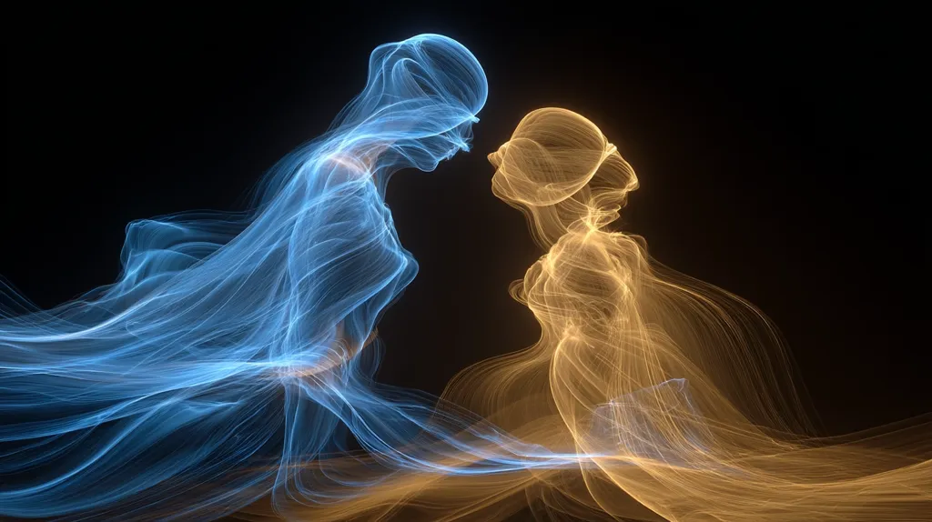 Two ethereal figures, one blue and one gold, face each other against a black background.  Their forms are composed of flowing, luminous strands resembling smoke or energy, creating a sense of movement and otherworldliness.  They appear to be in a moment of connection or interaction, their forms intertwined subtly. The overall image evokes a feeling of mystery and delicate beauty.