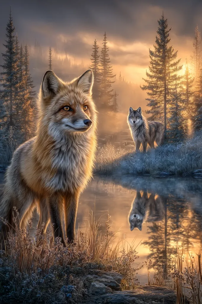 A red fox stands prominently in the foreground, its gaze directed towards a grey wolf standing further back near a serene lake.  The tranquil scene is bathed in the warm glow of a sunrise, with tall evergreens framing a misty, peaceful landscape.  The water reflects the animals and the surrounding trees, creating a mirrored image. The overall mood is one of serene beauty and wild coexistence.