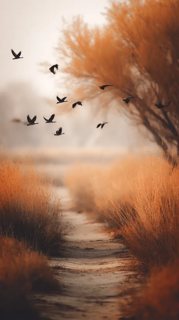 A flock of birds flies over a sandy path bordered by tall, dry grasses bathed in the warm, golden light of sunrise or sunset.  The muted colors and soft focus create a serene and peaceful atmosphere.  The path leads into the distance, disappearing into a hazy background dominated by a large, orange-toned bush or tree.  The overall scene evokes a sense of tranquility and the beauty of the natural world.