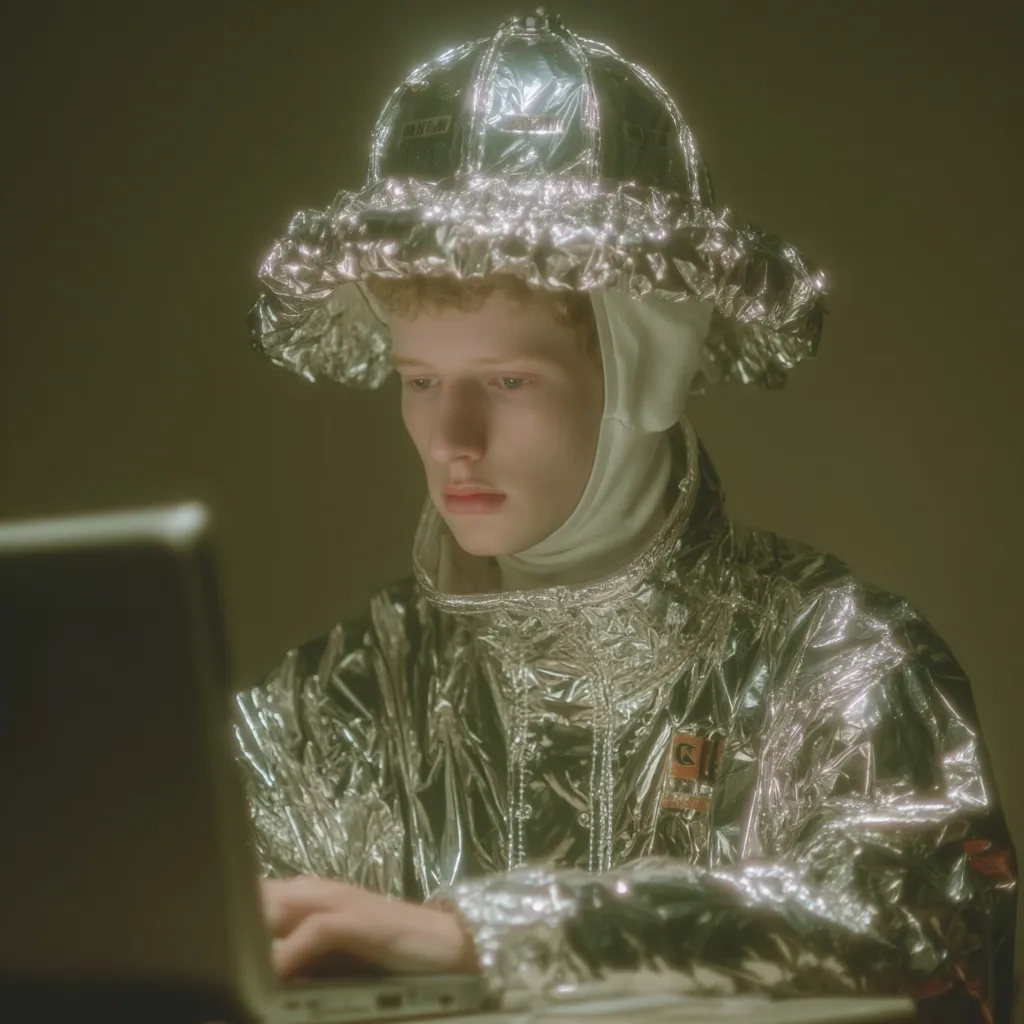 A young person, wearing a silver, metallic, futuristic-style outfit complete with a large, floppy hat, sits hunched over a laptop.  The dimly lit scene creates a mysterious and slightly dystopian atmosphere. The individual's expression is serious and focused on the computer screen.  The clothing appears to be made of a crinkled, reflective material.