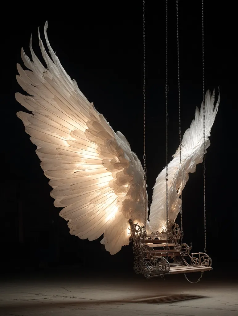 A breathtaking art installation features a swing crafted from intricately designed metalwork, adorned with large, luminous white wings.  The wings, seemingly made of feathers, are delicately detailed and internally illuminated, creating a soft, ethereal glow against the dark background. The swing hangs from chains, adding to its surreal and captivating aesthetic.  The piece blends elements of fantasy and industrial design, resulting in a striking visual.