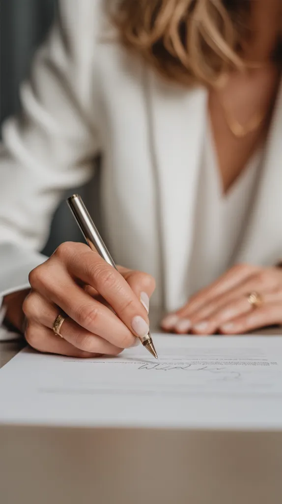 Close-up view of a woman's hands signing a document.  She's wearing a light-colored blazer and delicate gold jewelry.  The focus is on her hand holding a silver pen, carefully signing the paper. The overall setting appears professional and formal.