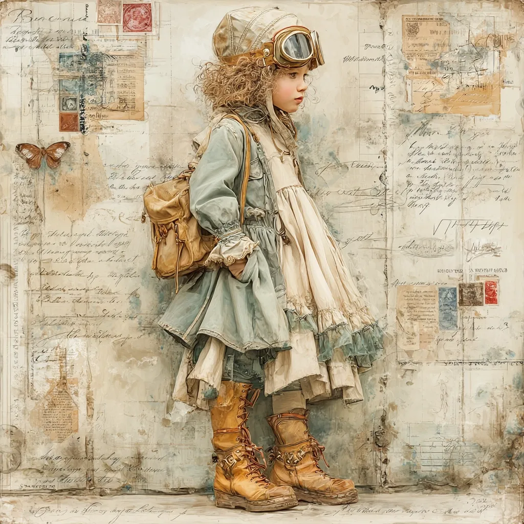 A young girl, dressed in a whimsical steampunk-inspired outfit, stands pensively against a backdrop of aged paper and postage stamps.  Her attire includes a blue jacket, a flowing cream dress, leather boots, goggles, and a small satchel. The background features handwritten notes and vintage postal markings, creating a nostalgic and dreamlike atmosphere.  The overall image evokes a sense of adventure and longing for the past.