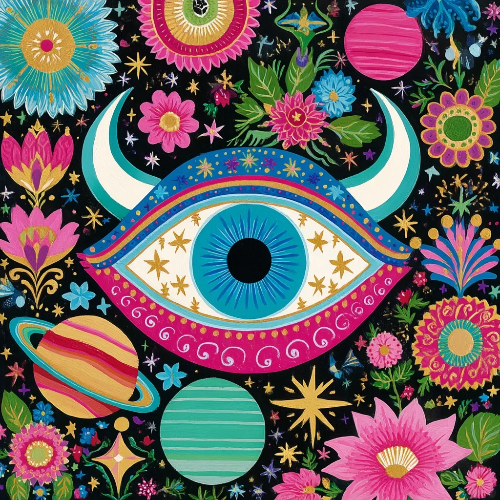 A vibrant, psychedelic painting features a large, stylized eye with crescent-shaped horns, surrounded by a cosmos of colorful flowers, planets, and stars. The eye is predominantly teal and pink, adorned with gold stars. The background is a dark canvas speckled with gold, contrasting with the bright, bold floral elements.  The overall style is whimsical and reminiscent of folk art or naive painting.
