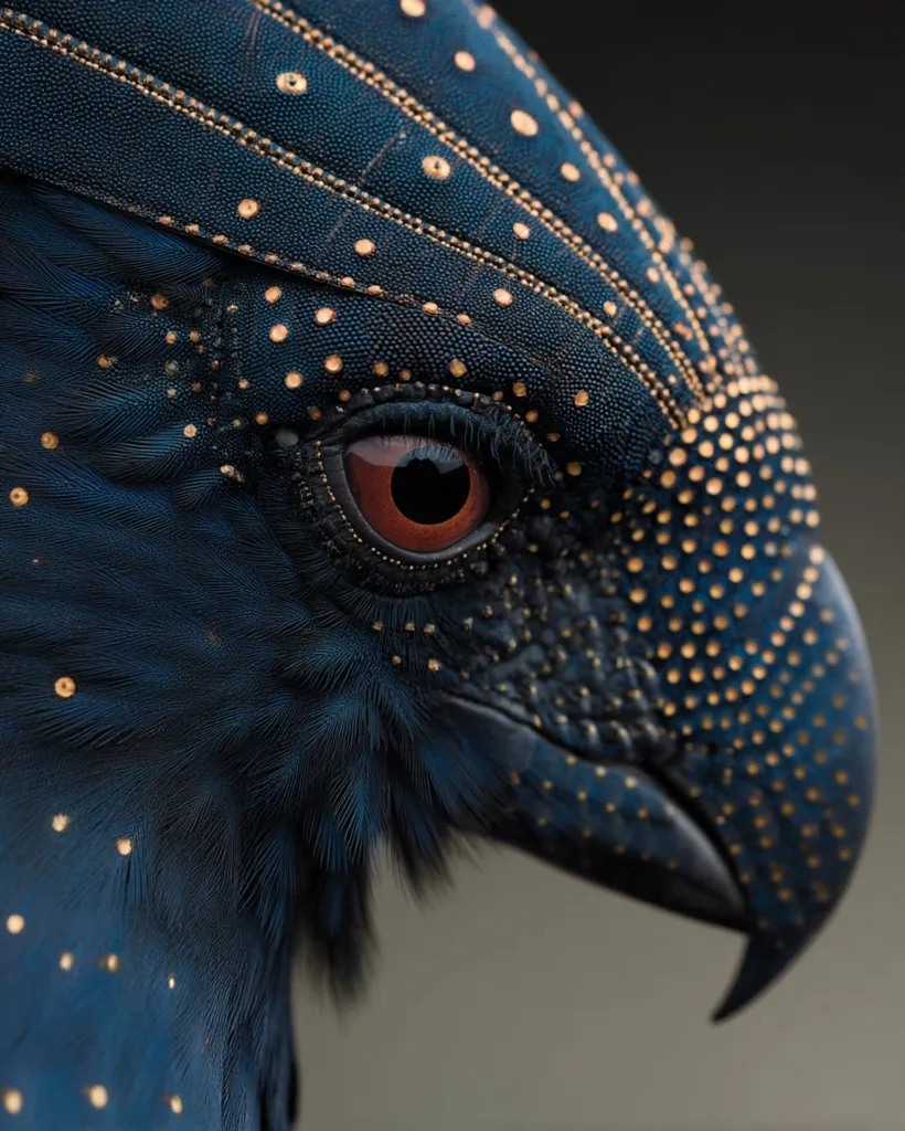 Close-up profile of a bird's head, showcasing deep blue plumage adorned with tiny, golden dots.  The intricate feather pattern and vibrant eye are highlighted. The bird's beak is dark and sharply defined, complementing the rich colors of its head. The image emphasizes texture and detail, creating a striking visual impact.