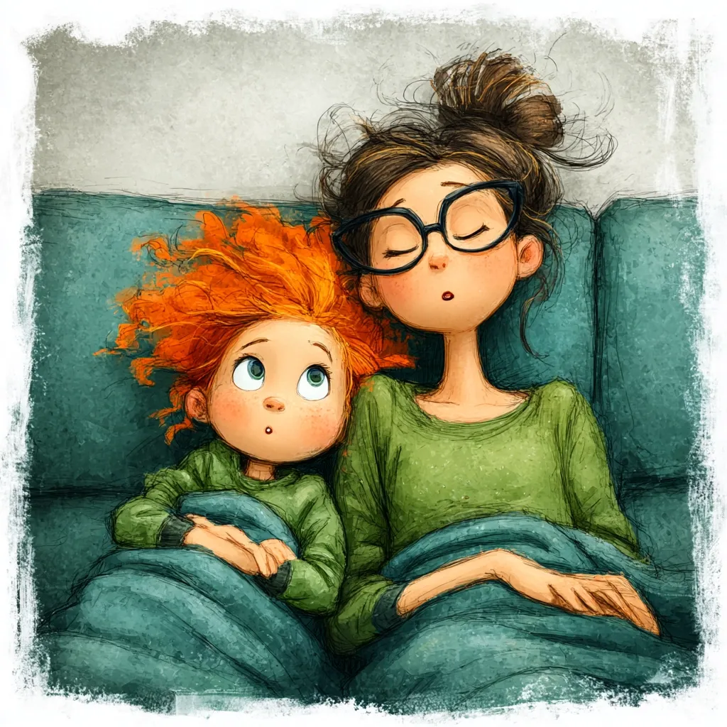 A heartwarming illustration depicts a mother and her young daughter snuggled together under a teal blanket on a couch. The mother, with her hair in a messy bun and glasses, is asleep or resting her eyes. Her daughter, with bright red, curly hair, gazes upward with wide, curious eyes. The scene evokes a sense of warmth, comfort, and the close bond between parent and child.  The soft, textured style adds to the overall feeling of peace and intimacy.