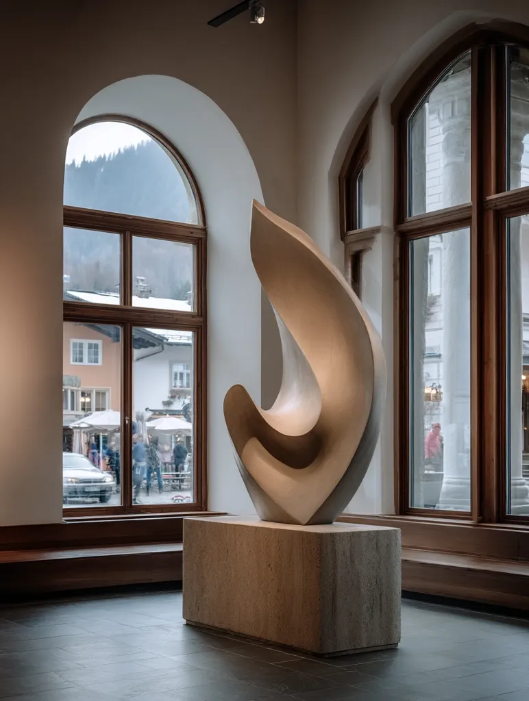 A beige abstract sculpture, resembling a flame or flowing form, rests on a light stone pedestal. It's positioned in a spacious room with large arched windows offering a view of a snow-covered village nestled in a mountain valley.  The room's elegant design, with wooden window frames and a dark floor, provides a tranquil and sophisticated setting for the artwork.