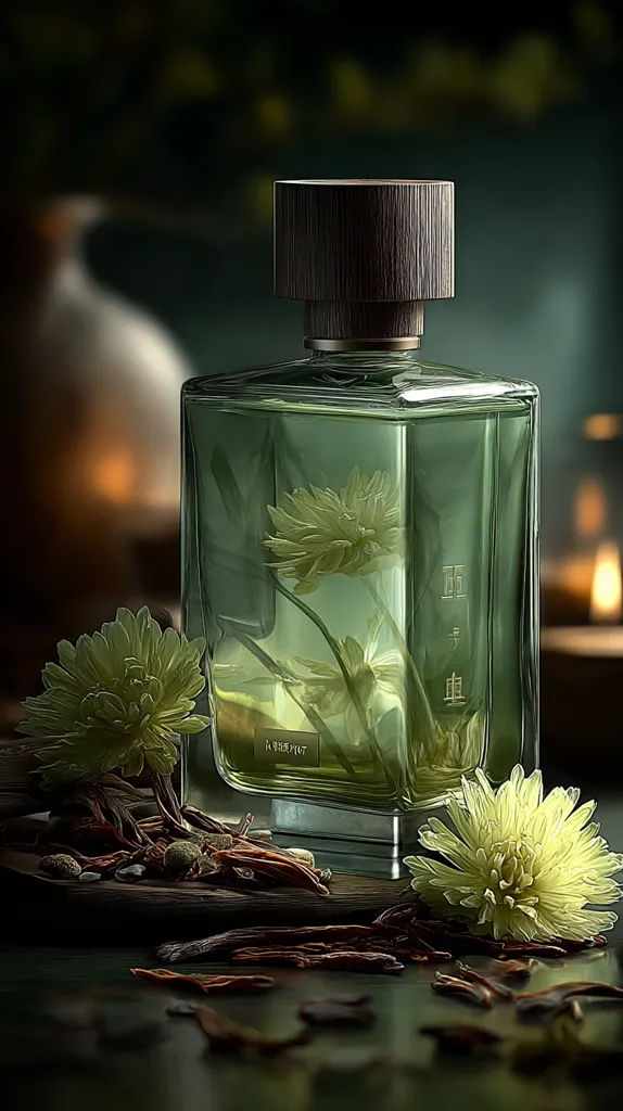 A square glass perfume bottle with a dark wood cap sits on a dark surface.  The bottle contains a green liquid and delicate pale yellow flowers.  Scattered around the base are dried botanicals, suggesting natural ingredients. The overall aesthetic is dark, moody, and sophisticated, highlighting the perfume's natural and elegant qualities.  A subtle Asian-inspired design is visible on the bottle.