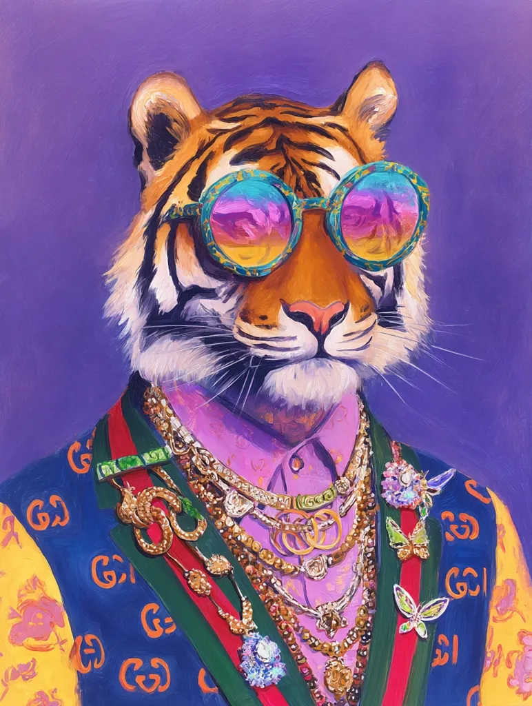 A vibrant oil painting depicts a tiger wearing oversized round sunglasses with a colorful, reflective lens.  The tiger is dressed in a Gucci-patterned jacket, a pink collared shirt, and an extravagant array of gold necklaces, brooches, and other jewelry.  The background is a rich purple, contrasting with the tiger's orange and black stripes and the opulent accessories.  The style is bold and playful, blending animal portraiture with high fashion.
