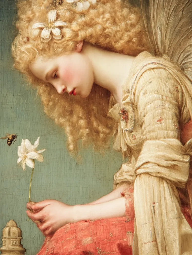 A painting of a young, fair-haired angel with wings, delicately holding a white flower.  Her blonde curls are adorned with white blossoms.  She is dressed in a flowing, light-colored gown with hints of red. A bee hovers near the flower, adding to the serene and ethereal atmosphere. The background is a muted, soft green.  The overall impression is one of gentle sorrow and delicate beauty.