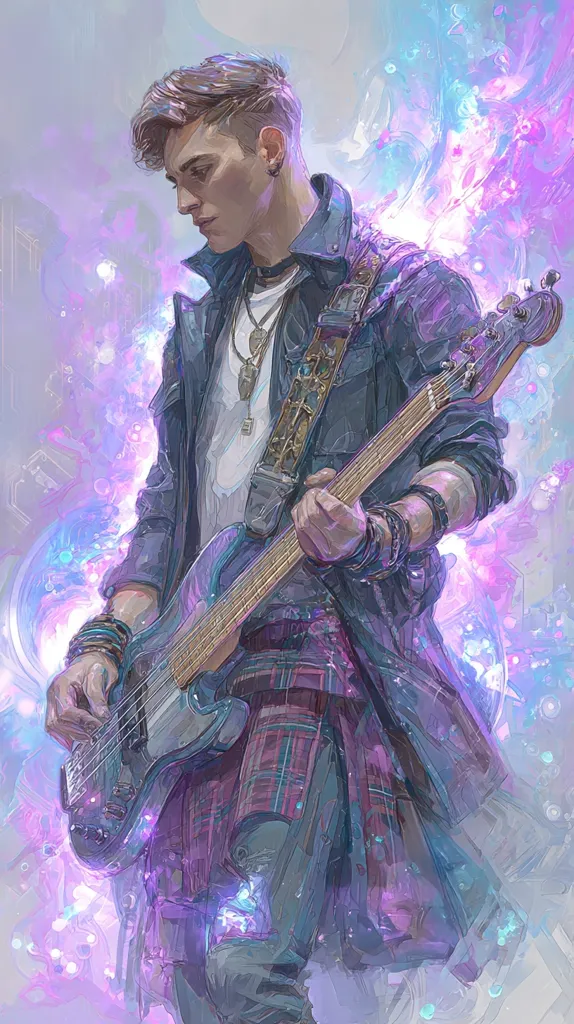 A young man with short brown hair plays a bass guitar. He's dressed in a dark jacket, a white shirt, and a plaid shirt underneath.  Surrounding him is a vibrant, ethereal glow of purple and blue light, creating a mystical atmosphere. His expression is serious and focused on his music. The overall style is painterly and evocative, suggesting a blend of fantasy and realism.
