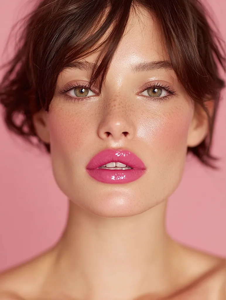 Close-up of a woman with short, brown hair and light skin.  She has subtle freckles, rosy cheeks, and is wearing glossy pink lipstick. Her makeup is natural and enhances her features.  She looks directly at the camera with a soft expression. The background is a solid, pale pink.