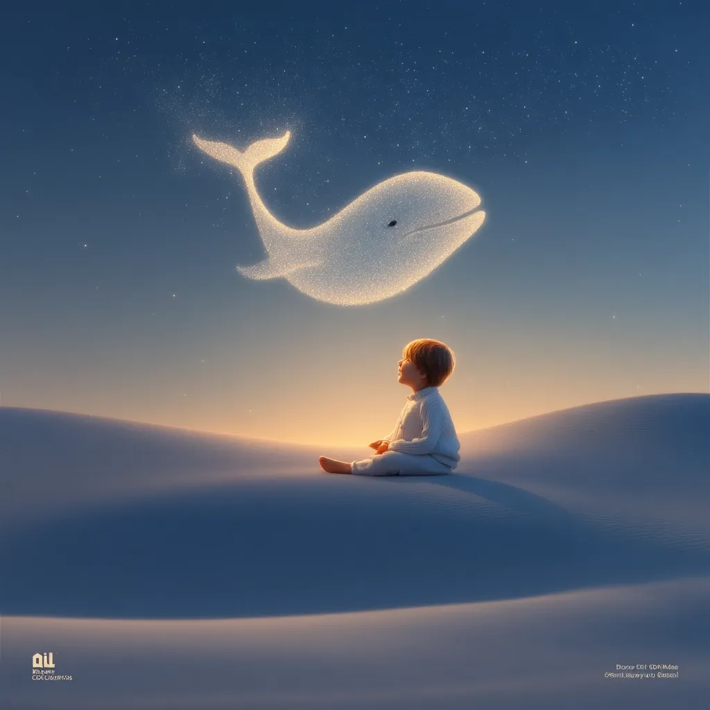 A young child sits on a white sand dune, gazing upward at a celestial whale crafted from shimmering stardust.  The serene twilight sky provides a backdrop to this magical scene, evoking a sense of wonder and childhood dreams. The whale appears ethereal, softly glowing against the night. The image is peaceful and dreamlike.