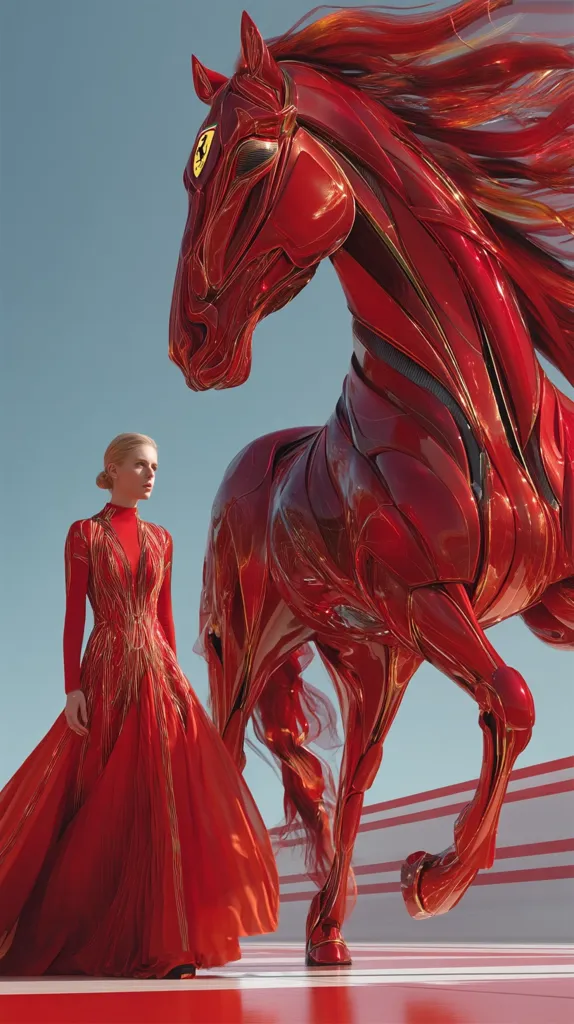 A striking image features a woman in a flowing red gown, adorned with gold accents, standing alongside a futuristic, metallic red horse. The horse, reminiscent of Ferrari's iconic prancing horse emblem, displays a sleek, robotic design.  The vibrant red color scheme unites the woman and the horse against a minimalist backdrop of white stripes and a clear blue sky. The overall aesthetic is one of elegance and modern fantasy.