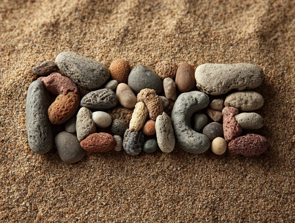 The word "PEACE" is meticulously spelled out using an assortment of small, multicolored stones on a bed of fine sand.  The stones vary in shape, size, and texture, creating a visually appealing and textured representation of the word. The overall effect is serene and peaceful, reflecting the message conveyed.