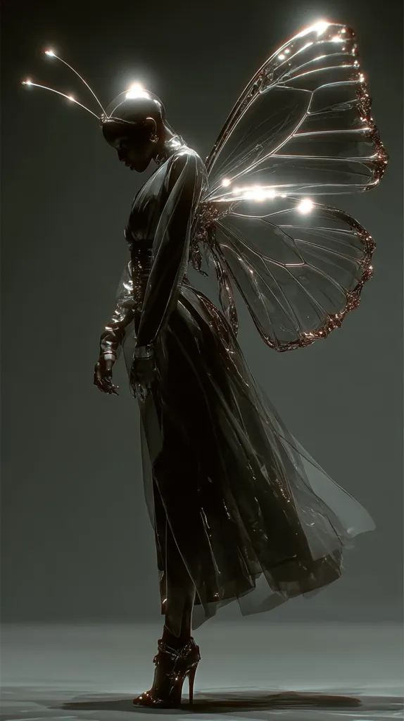 A digital rendering depicts a sleek, dark figure with large, translucent butterfly wings.  The figure, possibly female, wears a form-fitting, dark gown and high-heeled shoes.  The wings are intricately detailed, with delicate veins visible. The overall aesthetic is dark, elegant, and slightly ethereal, suggesting a blend of fashion and fantasy.  The lighting highlights the smooth, almost metallic, texture of the figure and wings.