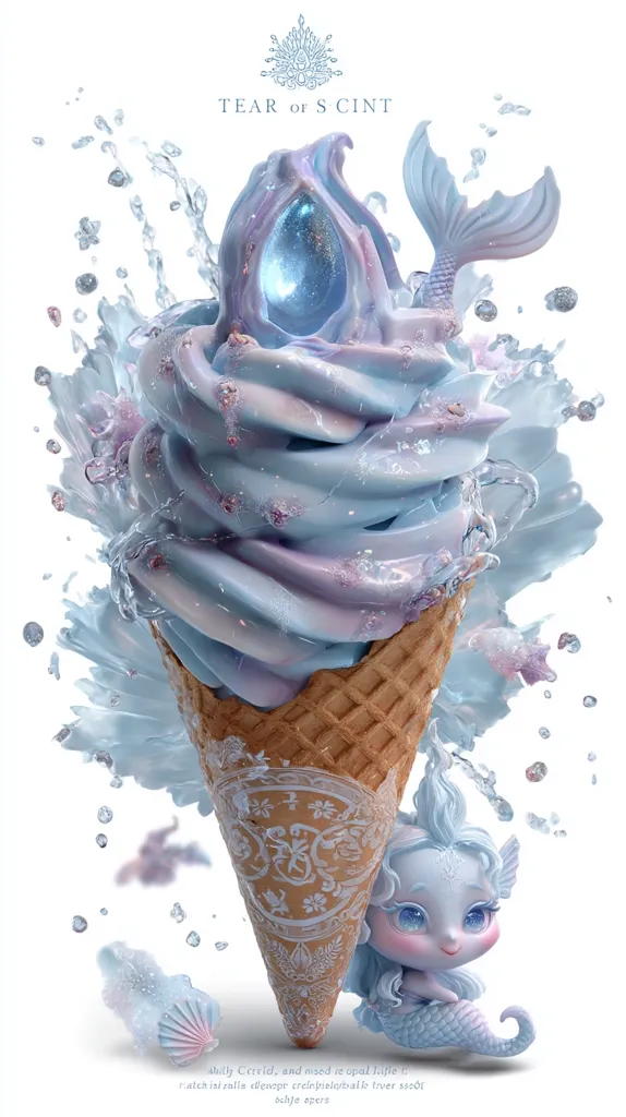 A whimsical 3D rendering depicts a soft-serve ice cream cone, pastel blue and purple, with a large, glowing blue gem at its heart.  A tiny mermaid playfully peeks from behind the cone, adding to the surreal, dreamlike aesthetic. Water splashes surround the cone, enhancing the sense of fantasy and whimsy. The title "Tear of ScinT" is displayed at the top.
