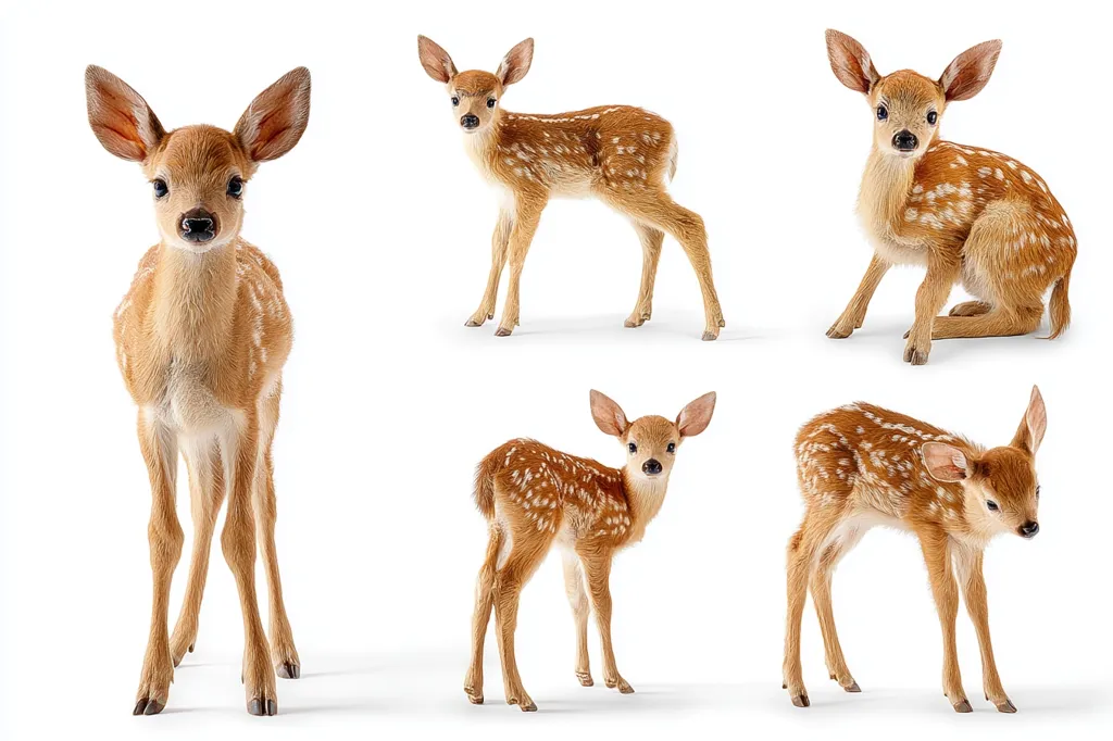Five adorable fawn deer are showcased against a stark white backdrop. Each fawn displays a unique posture, offering a variety of charming poses. Their light brown coats are speckled with white spots, characteristic of young deer.  The images are crisp and clear, highlighting the delicate features and playful nature of these young animals.