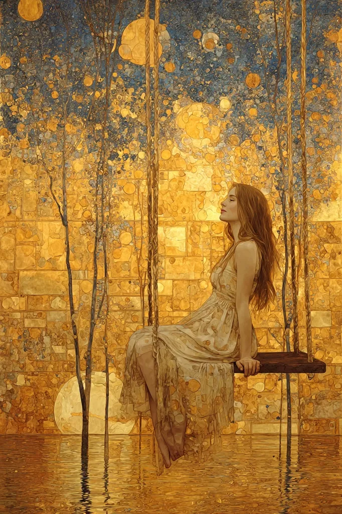 A serene painting depicts a young woman with long red hair sitting on a swing. She wears a flowing, light-colored dress and gazes upward serenely. The background is an abstract landscape of gold and blue hues, featuring stylized trees and circular forms reminiscent of moons or planets, reflecting in calm water below. The overall mood is peaceful and dreamlike. The style is reminiscent of Art Nouveau or Symbolism, rich in texture and detail.