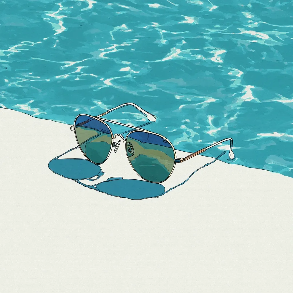 A pair of aviator sunglasses rests on the edge of a sparkling blue swimming pool. The lenses reflect the water's surface, creating a serene summer scene.  The sunglasses cast a subtle shadow on the pale surface beside the pool. The image evokes a feeling of relaxation and summer leisure.