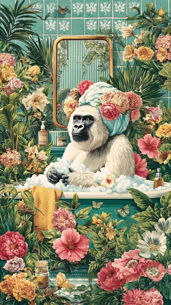 A serene illustration depicts a white gorilla luxuriating in a teal bathtub surrounded by lush tropical flowers.  The gorilla wears a floral-adorned towel turban.  Bottles of bath products and a yellow towel are visible. The bathroom's teal tiles and mirror reflect a tranquil, botanical setting.  The vibrant colors and detailed botanical renderings create a whimsical and luxurious scene.