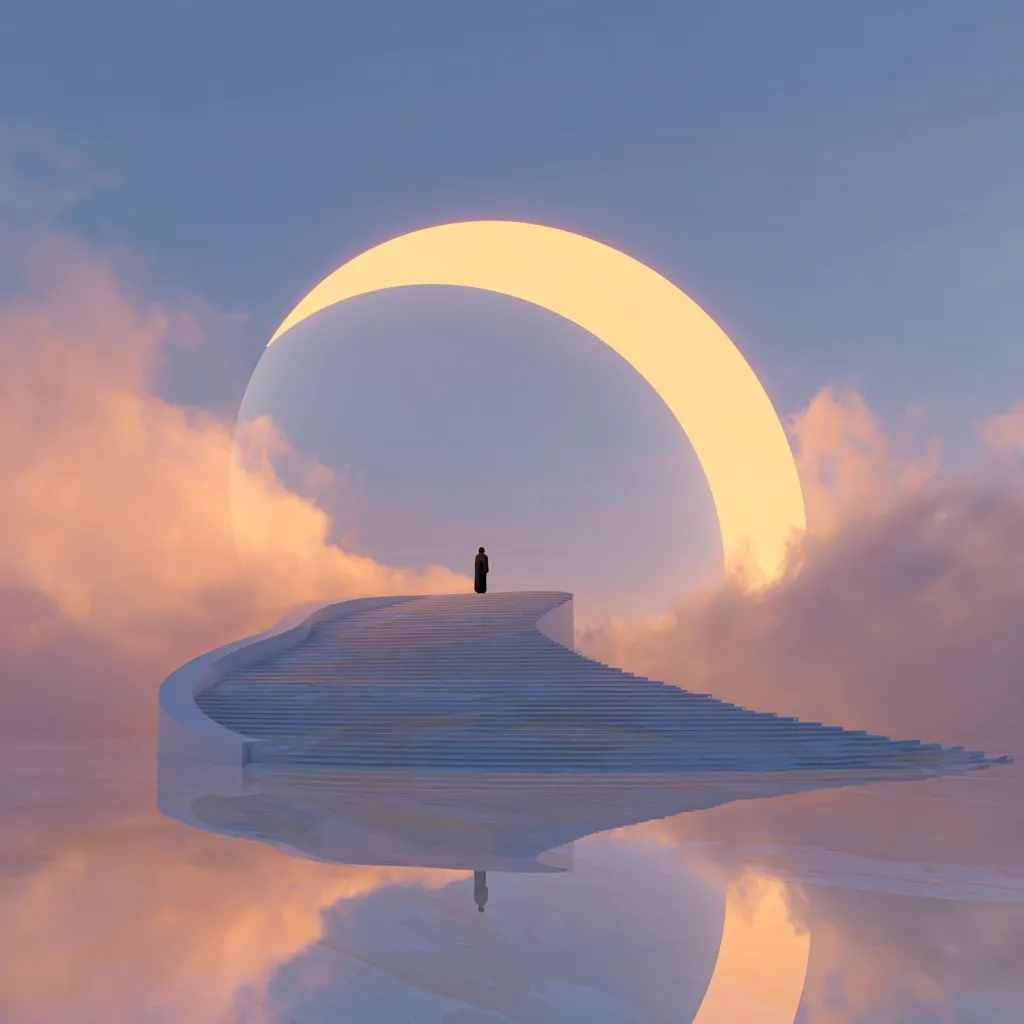 A lone figure stands atop a long, white staircase that curves gently into a serene, ethereal landscape.  A massive, luminous crescent moon hangs in the pastel sky, partially obscured by soft clouds. The scene is reflected perfectly in the calm, still water below, creating a dreamlike, symmetrical image. The overall atmosphere is peaceful and contemplative.