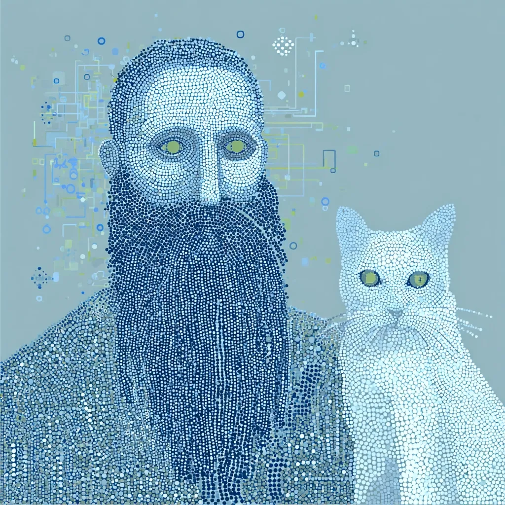 A pointillist-style portrait depicts a bearded man and a white cat.  The man, with a long dark beard, has intense, yellow-green eyes. The cat sits beside him, similarly rendered in tiny dots of light and dark blues.  A muted blue-green background features abstract geometric shapes, suggesting a digital or technological element. The overall effect is both classical and modern.