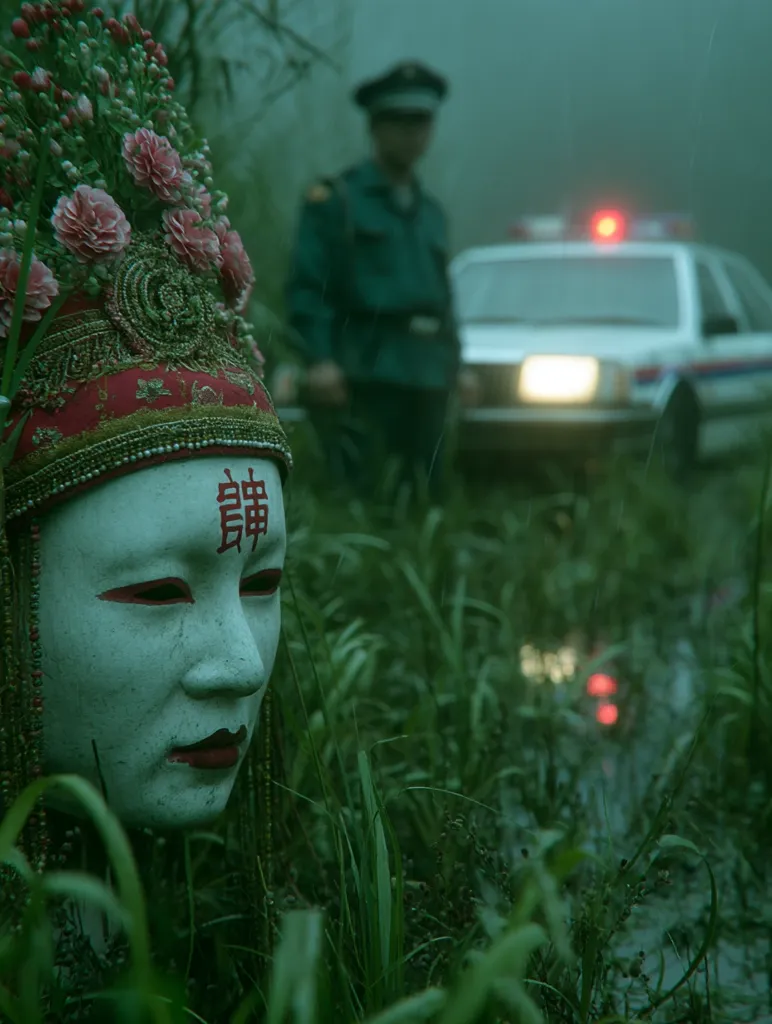 A white mask, adorned with red and gold, partially hidden in tall grass, is the focal point.  A blurred figure in a police uniform stands in the background, near a police car with its lights flashing.  The scene is dark and moody, with a rainy atmosphere. The mask's ornate headdress suggests a cultural or theatrical significance.  The overall image is mysterious and evocative.