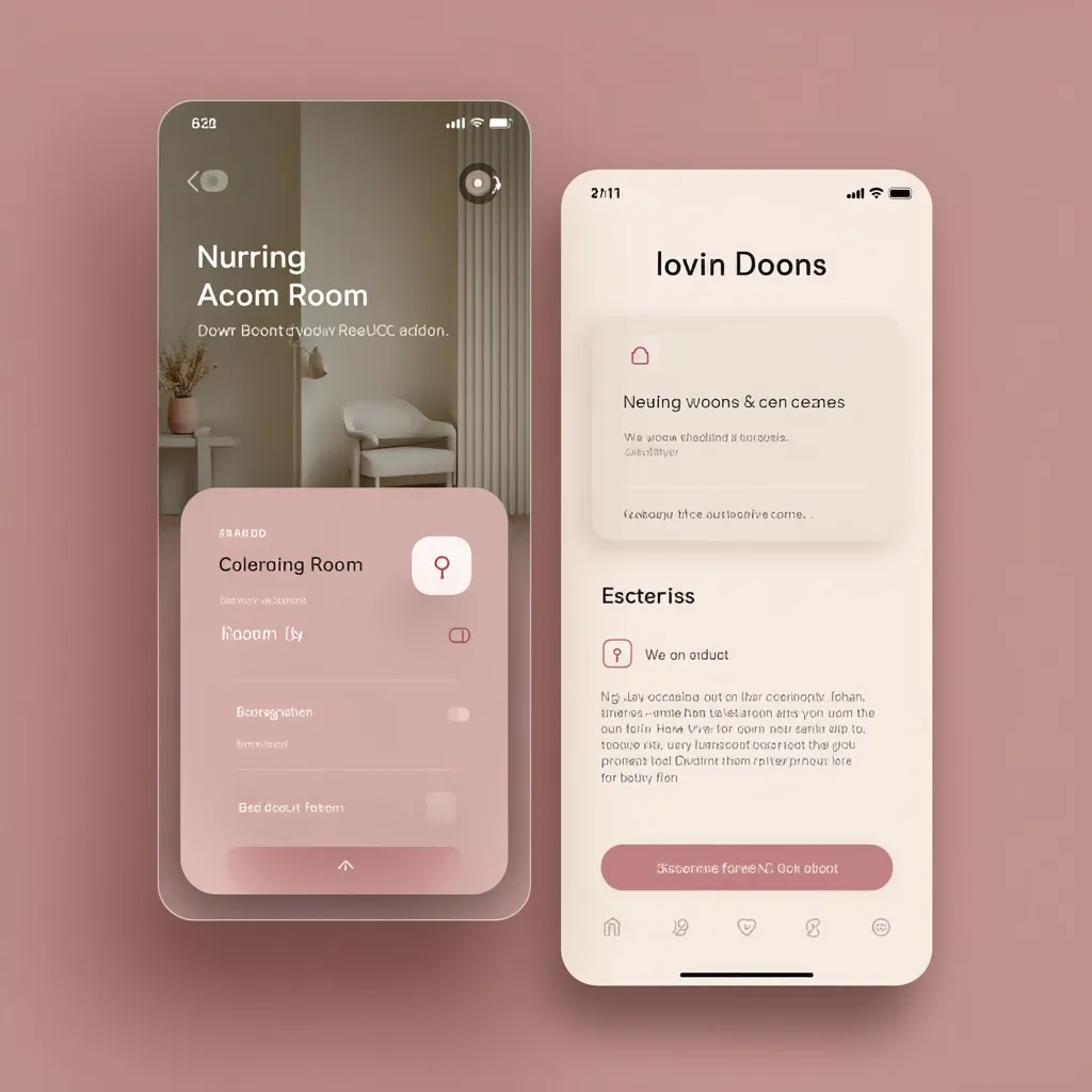 Two smartphone app screens are displayed. The left screen shows a room's settings, including the name "Nurring Acom Room",  a photo of the room, and options for adjusting color and lighting.  The right screen shows an app called "lovin Doons," featuring sections titled "Neuing woons & cen cemes" and "Escteriss," which seem to describe new features and a product.  Both screens use a minimalist, light beige color palette.