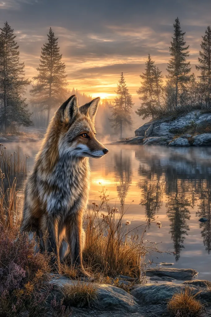 A red fox sits serenely by a tranquil lake at sunrise.  The golden light bathes the scene, illuminating the fox's fur and reflecting in the calm water.  Tall pines rise from the misty shoreline, creating a peaceful, picturesque wilderness setting. The overall mood is one of tranquility and natural beauty.