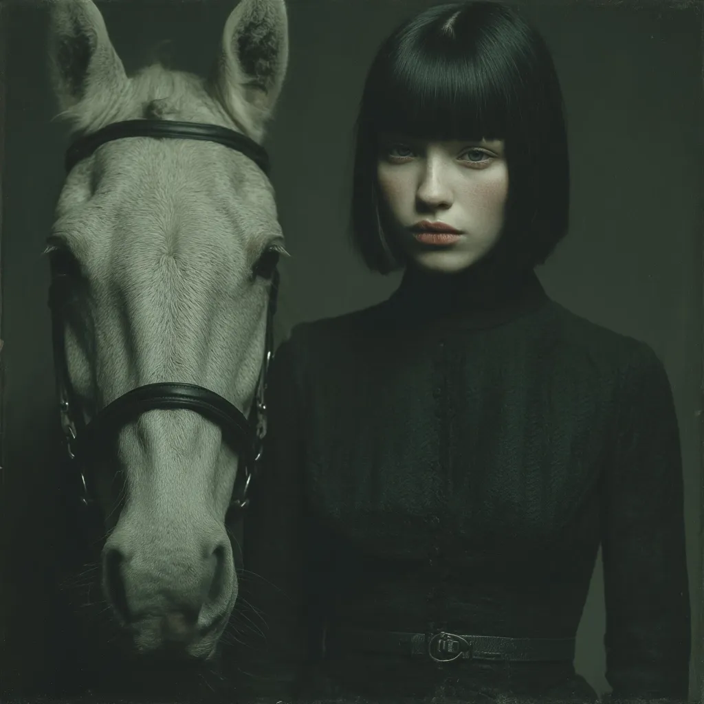 A young woman with dark bobbed hair and bangs stands beside a light grey horse.  Both are subtly lit in a dark, moody setting.  The woman wears a dark, almost black, Victorian-style dress with a high neck and a belt. The horse wears a simple bridle. The overall mood is somber and elegant.