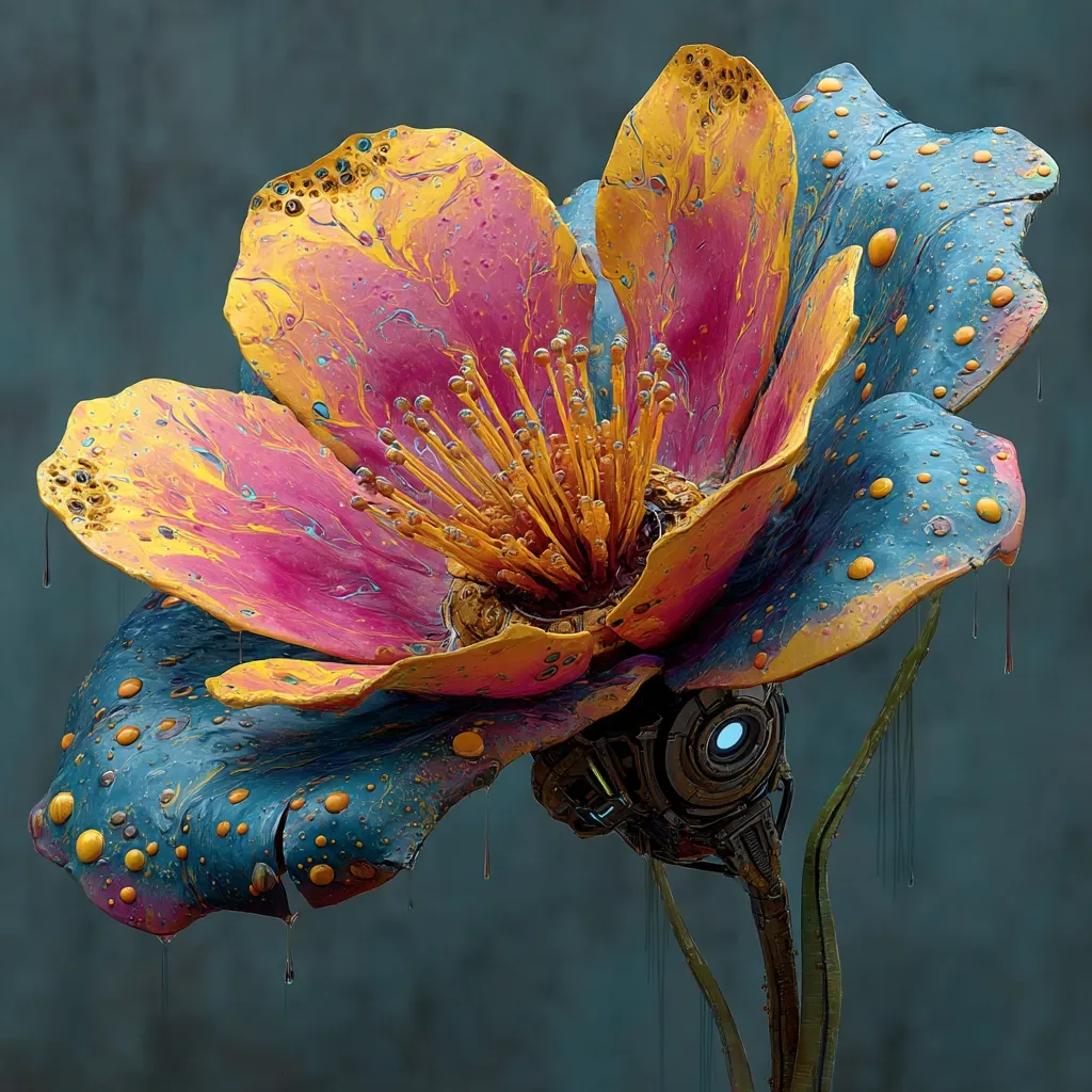 A vibrant, otherworldly flower, rendered in vivid shades of pink, yellow, and teal, drips with paint-like textures.  Its petals are marbled with swirling colors, and the center boasts a golden, intricate structure.  Attached to the flower's stem is a small, dark metallic device, featuring a glowing blue element, adding a futuristic, biomechanical twist to the organic form. The background is a muted teal, enhancing the flower's striking colors.