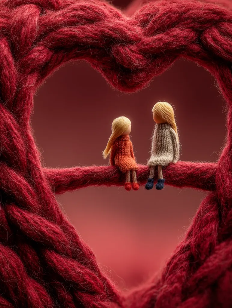 Two small yarn dolls, one in orange and one in beige, sit on a branch formed within a large, heart-shaped structure of deep red yarn.  The dolls appear to be gazing at each other, creating a sweet and romantic scene. The textured yarn forms a dramatic backdrop, emphasizing the warmth and affection of the image. The overall effect is one of love and togetherness.