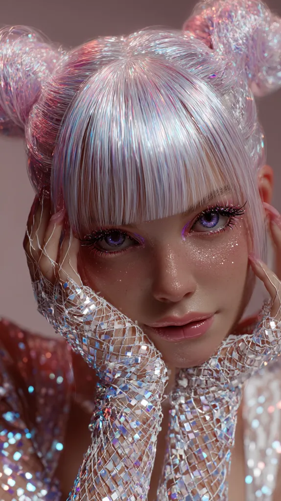 A close-up shot of a digitally rendered female figure.  She has iridescent pink and white hair styled in space buns, and is wearing sparkly, iridescent gloves. Her makeup features glitter and purple eyeshadow, creating a fantastical, ethereal aesthetic.  The overall mood is dreamy and otherworldly.