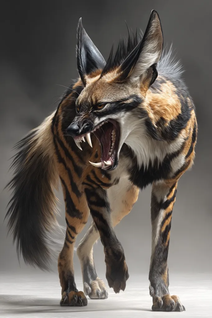 A digitally rendered image showcases a fierce, stylized canine creature.  Its coat is a striking blend of black, orange, and brown stripes, reminiscent of a tiger but with longer, pointed ears and a bushy tail.  The creature's mouth is agape, revealing sharp teeth, conveying aggression.  The background is a muted gray, emphasizing the creature's vivid markings and powerful posture.