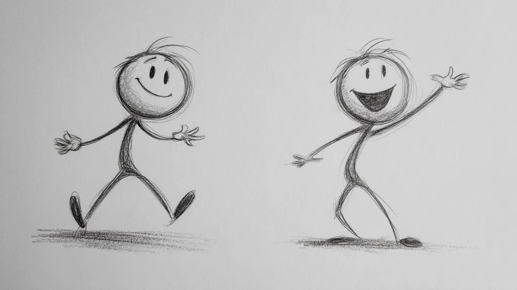 A pencil sketch depicts two simple stick figures, each with a circular head and a wide smile.  One figure joyfully strides forward, arms outstretched, while the other waves enthusiastically, displaying a more expressive, open-mouthed grin.  The loose, sketchy style emphasizes their carefree energy and positive emotions.