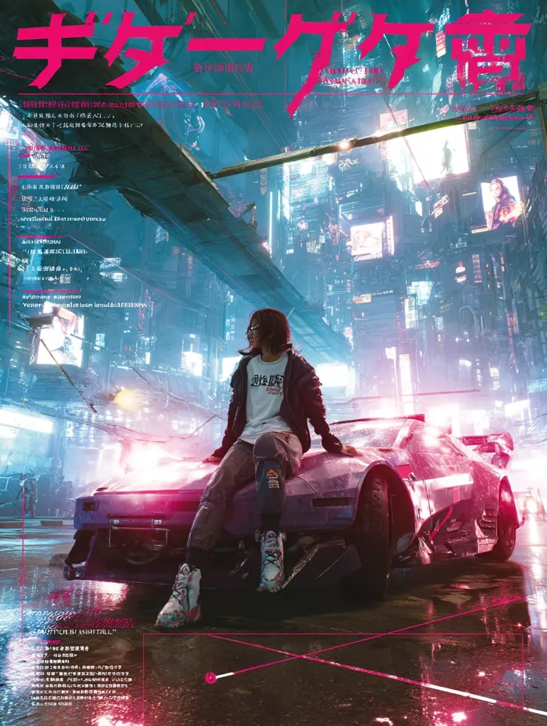 A cyberpunk-style illustration features a young person in streetwear sitting on a futuristic car in a neon-lit city.  The city is densely packed with towering buildings and flying vehicles.  The overall aesthetic is vibrant and gritty, with a blend of advanced technology and urban decay.  The image evokes a sense of energy and a futuristic, dystopian atmosphere. The title "ギタノゲイ" is prominently displayed, suggesting a name or title related to the artwork.