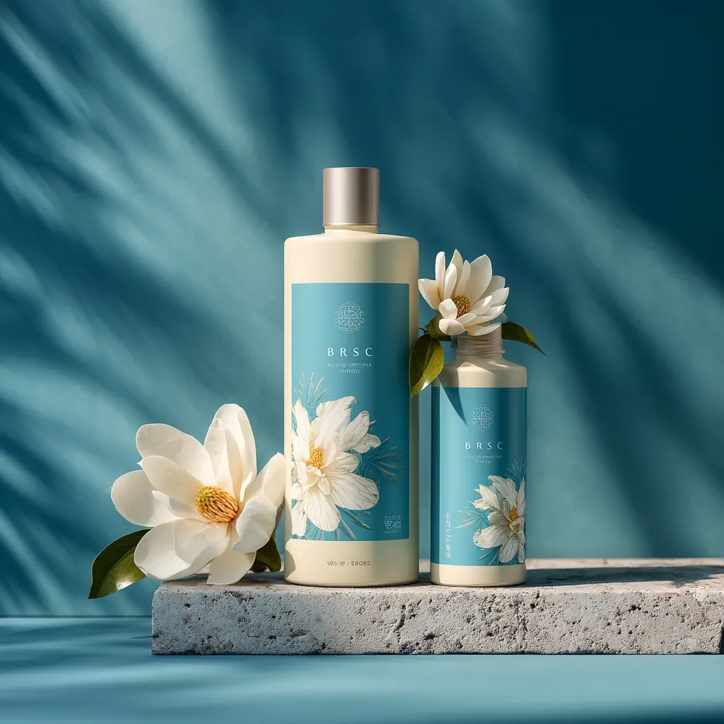 Two elegant BRSC body wash bottles, one large and one small, are displayed on a light stone platform against a teal backdrop.  White magnolia blossoms artfully adorn the bottles and the setting. Soft, natural light creates shadows, enhancing the serene and sophisticated aesthetic of the product photography. The bottles feature minimalist design with subtle floral illustrations.