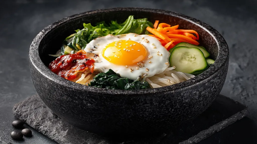 A vibrant Bibimbap, a Korean mixed rice bowl, is presented in a dark stone bowl.  The dish features a fried egg with sesame seeds, colorful vegetables like carrots and cucumbers, spinach, and gochujang (Korean chili paste).  The ingredients are artfully arranged, showcasing the freshness and variety of textures within this popular Korean meal.