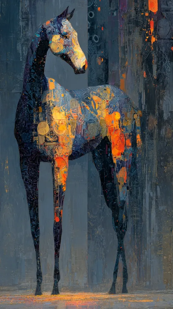 A stylized painting of a horse, rendered in dark blues and oranges.  The horse's form is fragmented, with textured brushstrokes creating a collage-like effect.  Warm oranges and yellows contrast against cooler blues and grays, giving the piece a vibrant, yet somber atmosphere. The background features vertical streaks, hinting at an urban or industrial setting.  The overall style is abstract expressionism with hints of cubism.