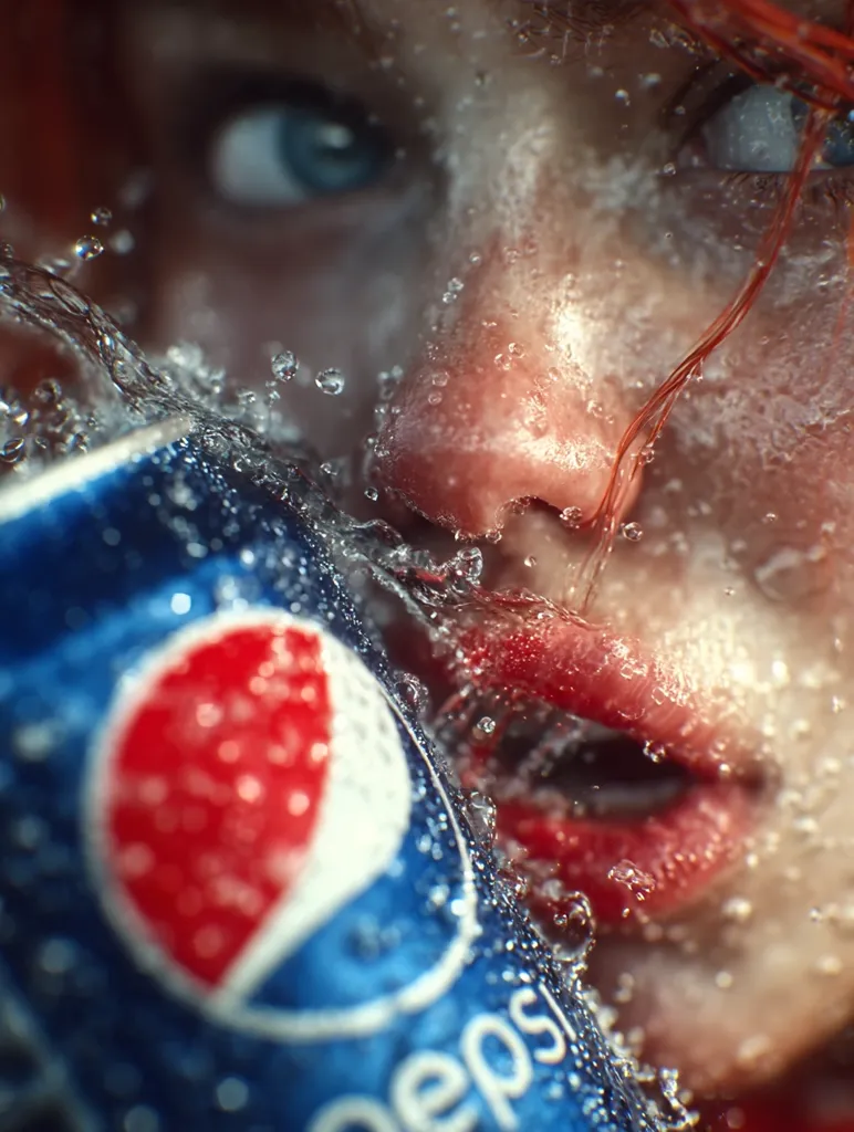 A close-up shot shows a woman with red hair and blue eyes drinking Pepsi.  Water droplets cling to her face and the Pepsi can, creating a refreshing, vibrant image. The Pepsi logo is prominently featured on the wet can. The overall feeling is one of intense thirst quenched by an icy cold drink.