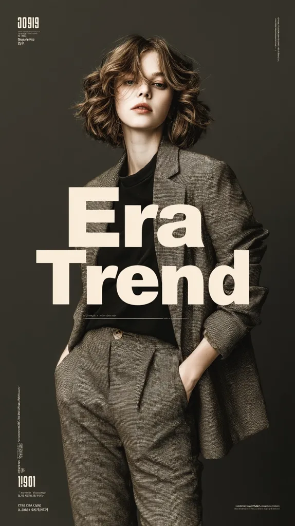 A fashion model with shoulder-length curly brown hair poses in a stylish brown patterned suit.  The words "Era Trend" are prominently displayed in a bold, off-white sans-serif font over the model's torso. The overall aesthetic is sophisticated and modern, suggestive of a high-fashion campaign. The image's tone is muted and moody, emphasizing the textures of the clothing and the model's expression.