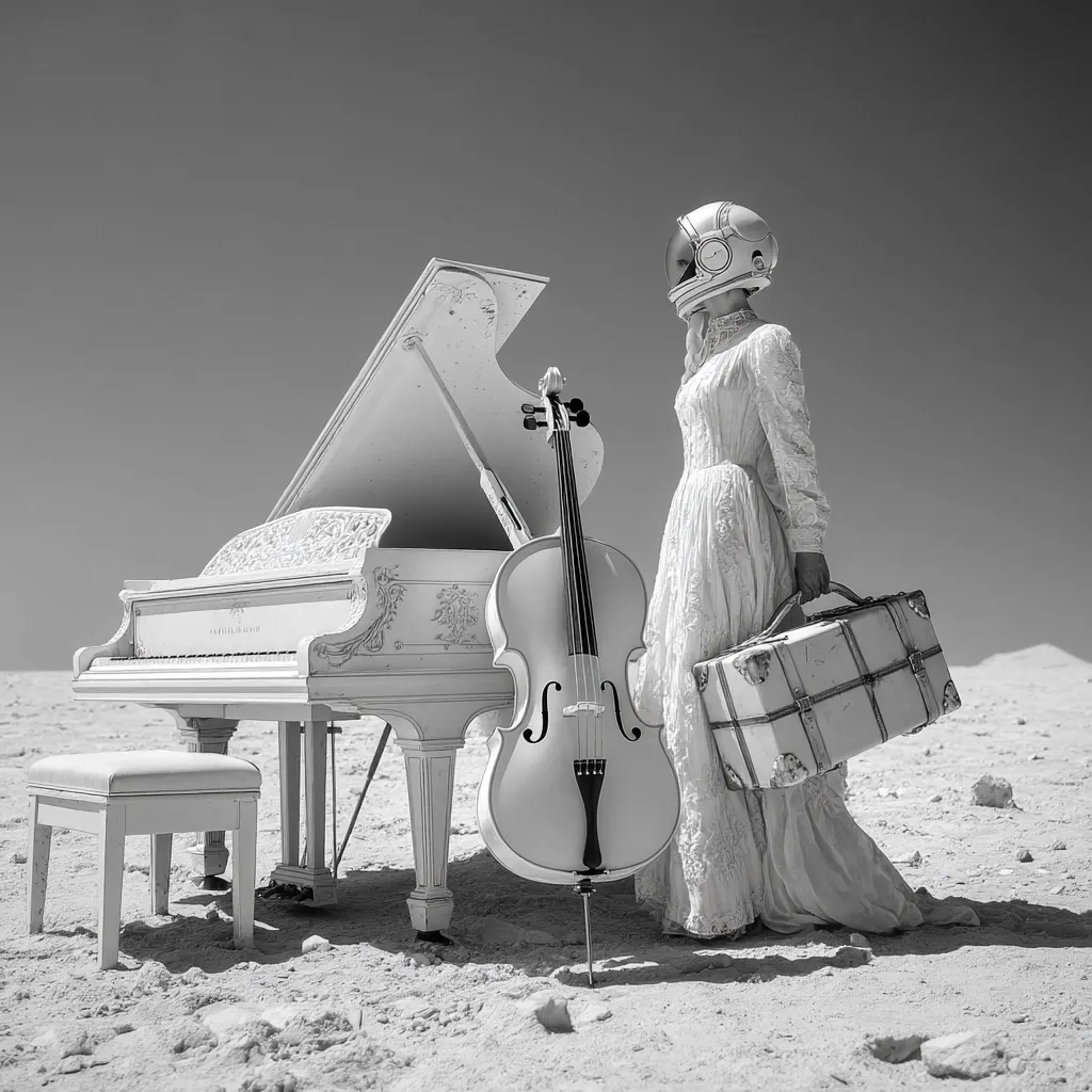 A monochrome image depicts a woman in a white dress and astronaut helmet standing in a desert landscape.  She holds a vintage suitcase beside a white grand piano and a cello. The scene is stark and surreal, suggesting a journey or a solitary moment of artistic expression in an unusual setting.  The contrast between the elegant clothing and the desolate environment creates a striking visual effect.