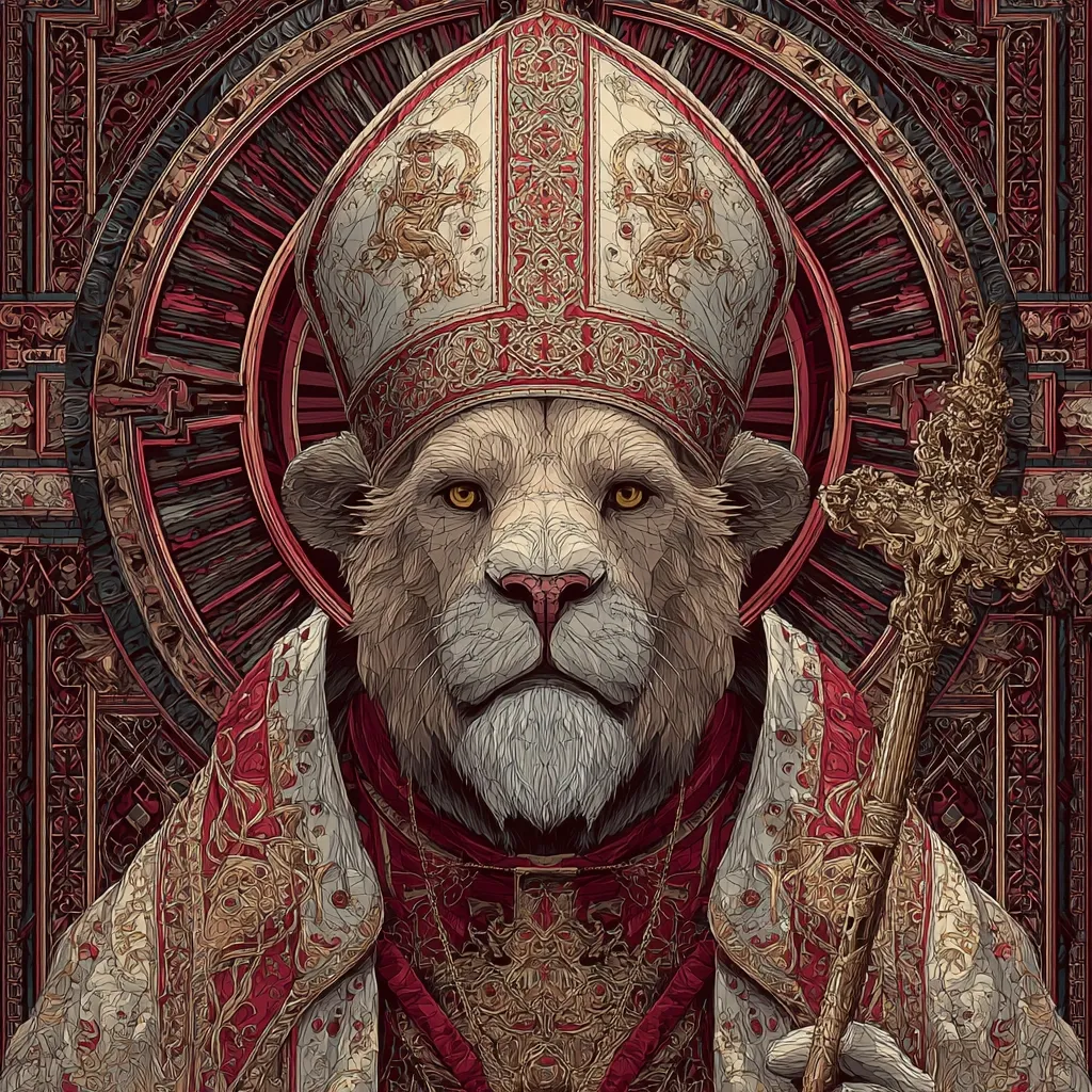 A regal lion, depicted with striking realism, is portrayed as a cardinal.  It wears an ornate mitre and vestments, rich in gold and crimson detail, reminiscent of medieval religious iconography. The lion holds a crosier, completing the image's powerful and symbolic representation of religious authority and power, set against a complex, geometric background.