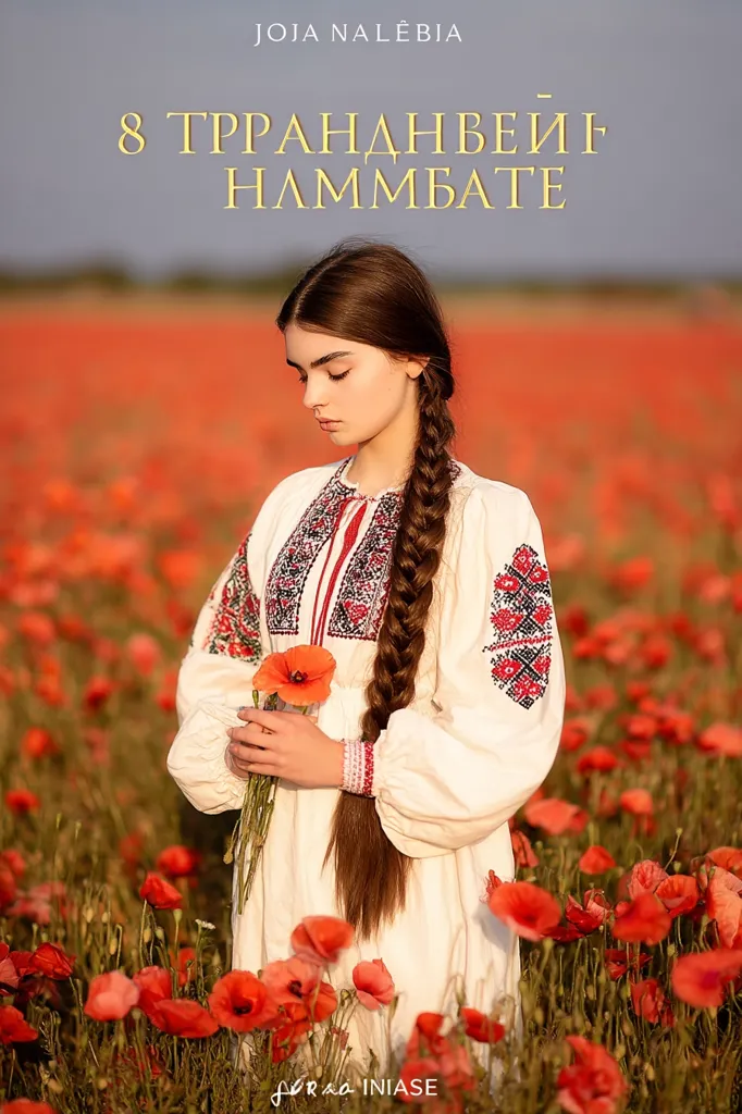 A young woman with long brown hair braided down her back stands in a field of red poppies. She wears a traditional embroidered white linen dress.  The title "8 ТРАНДАНВЕЙГ НЪМЪВАТЕ" is visible above her, suggesting a book cover or promotional image. The overall mood is serene and evocative.