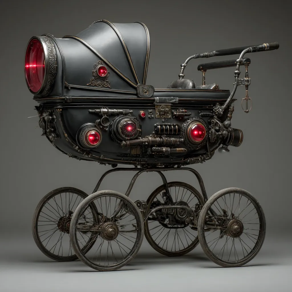 A steampunk-inspired baby carriage is showcased against a gray backdrop.  The dark, metallic carriage is adorned with intricate gears, rivets, and glowing red lights, giving it a futuristic, almost robotic appearance.  The design blends Victorian-era aesthetics with industrial elements, creating a unique and striking piece.  The carriage features four large wheels and a detailed canopy.
