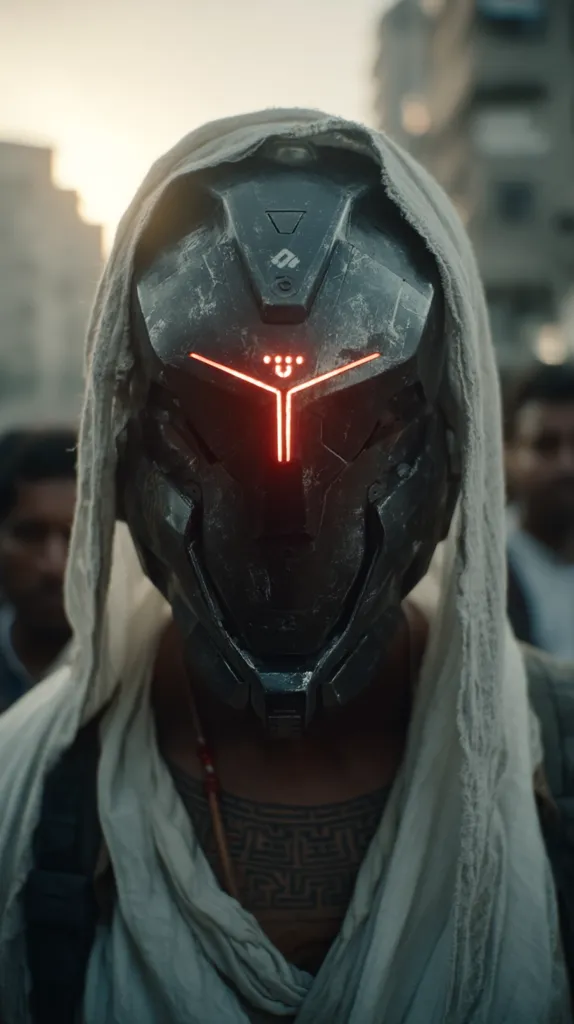 Close-up of a person wearing a weathered, dark gray futuristic helmet with glowing red accents.  The helmet is partially obscured by a light-colored, draped fabric resembling a hood.  The individual also sports a chest tattoo. The background is blurred but shows a rundown urban environment, suggesting a post-apocalyptic or dystopian setting.