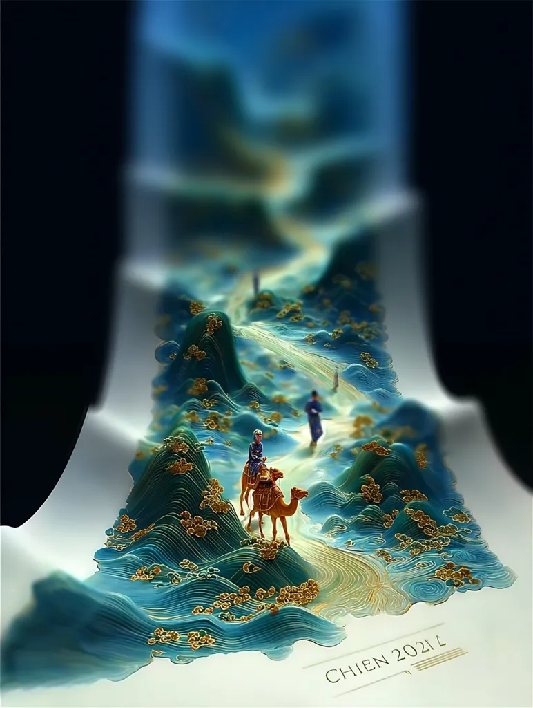 A stylized, three-dimensional artwork depicts a serene landscape.  Two figures ride camels along a winding path through teal-colored, layered hills, accented with gold. The scene is presented on a piece of paper, suggesting a scroll or map.  The year "CHIEN 2021" is subtly inscribed at the bottom, hinting at a commemorative piece.  The overall effect is dreamlike and intricate.